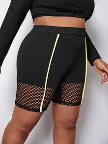 SHEIN SXY Plus Contrast Fishnet Seam Detail Cycling Shorts - Black - View 5