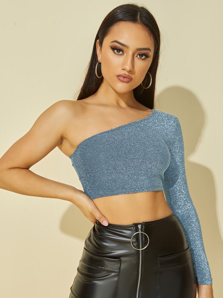 SHEIN BAE 單肩金屬亮絲T恤 - 霧霾藍 - 查看 1