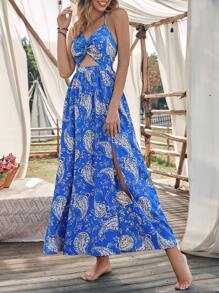 SHEIN Unity Paisley Print Twist Front Tied Backless Split Thigh Dress - Multicolor - View 3