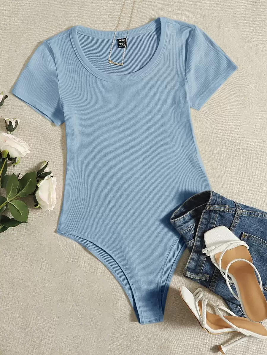 SHEIN EZwear Scoop Neck Rib-knit Bodysuit - Baby Blue - View 1