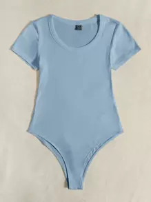 SHEIN EZwear Scoop Neck Rib-knit Bodysuit - Baby Blue - View 3