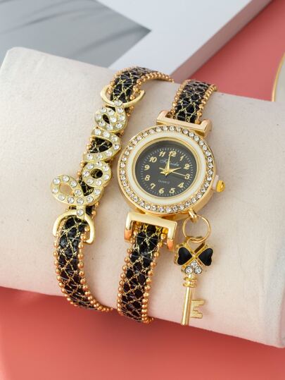 Rhinestone Decor Bracelet Round Pointer Quartz Watch