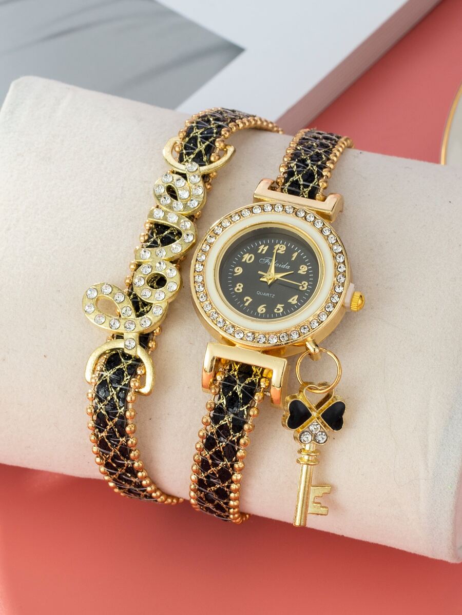con diseño de diamante de imitación Pulsera Reloj cuarzo de puntero redondo - Dorado - Ver 1