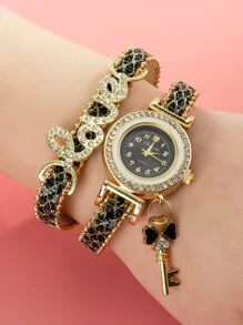 con diseño de diamante de imitación Pulsera Reloj cuarzo de puntero redondo - Dorado - Ver 2