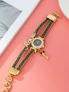 con diseño de diamante de imitación Pulsera Reloj cuarzo de puntero redondo - Dorado - Ver 3