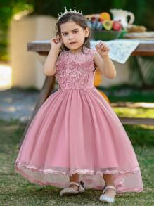 Girls' Solid Color Lace Tulle Puff Dress, Elegant And Luxurious Dress Suitable For School Dances And Runway Shows, Excluding Headband - Pink - View 1