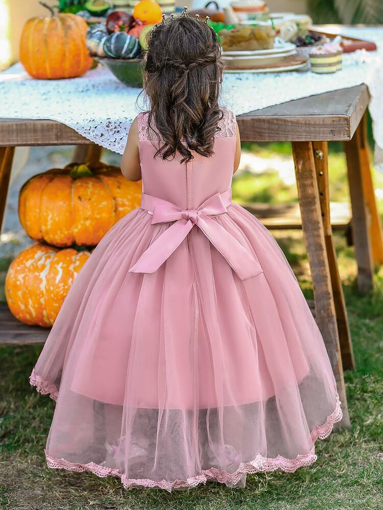 Girls' Solid Color Lace Tulle Puff Dress, Elegant And Luxurious Dress Suitable For School Dances And Runway Shows, Excluding Headband - Pink - View 2