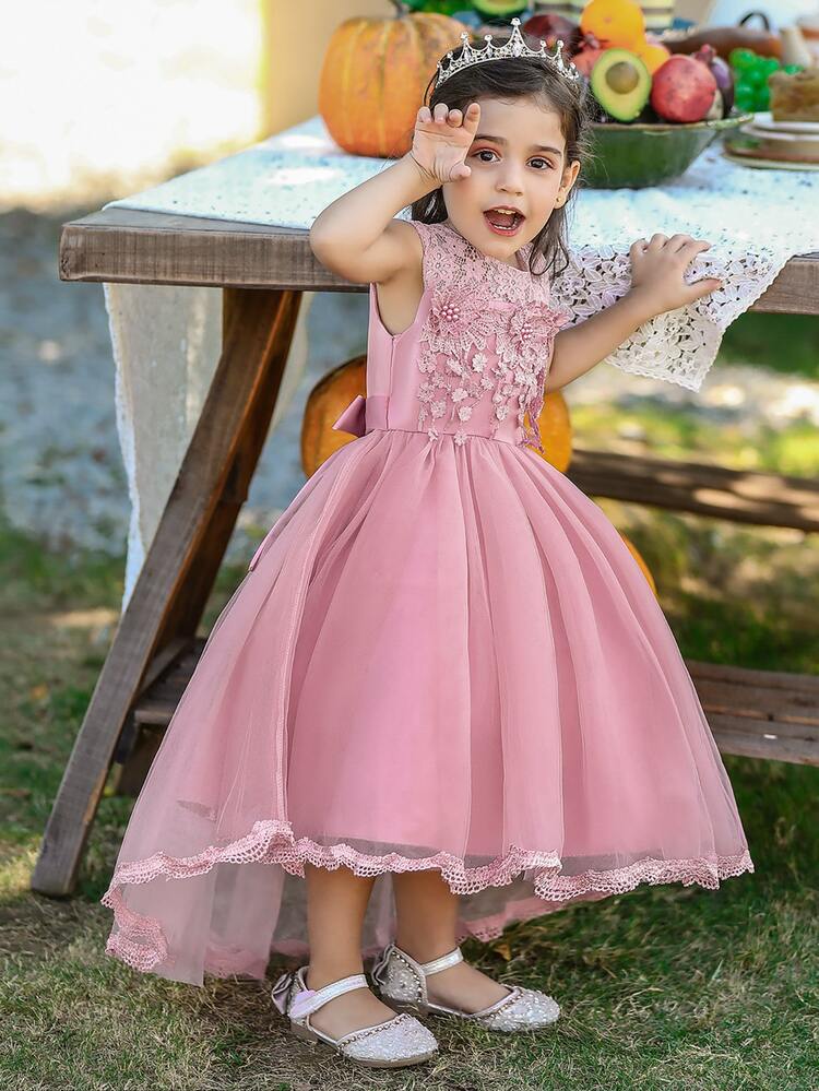 Girls' Solid Color Lace Tulle Puff Dress, Elegant And Luxurious Dress Suitable For School Dances And Runway Shows, Excluding Headband - Pink - View 3
