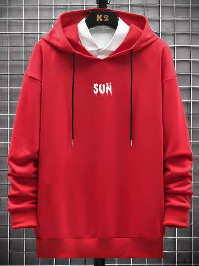 Manfinity Men Letter Graphic Drop Shoulder Drawstring Hoodie Without Shirt