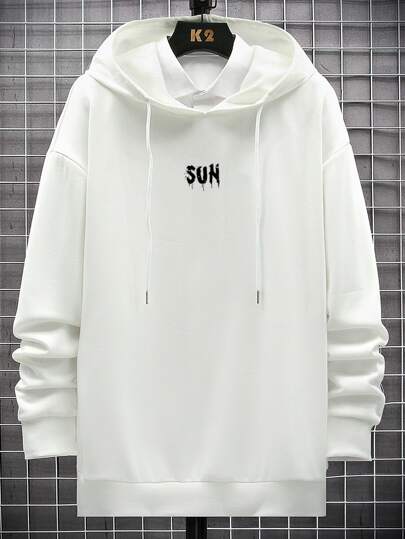 Manfinity Men Letter Graphic Drop Shoulder Drawstring Hoodie Without Shirt