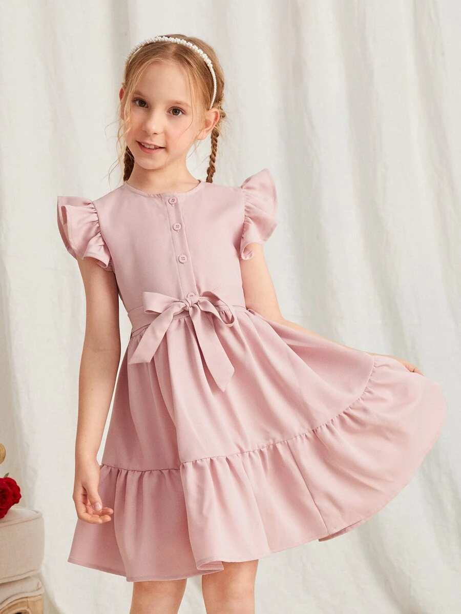 SHEIN Girls Butterfly Sleeve Belted Ruffle Hem Dress - Baby Pink - View 1