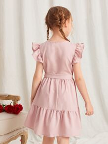 SHEIN Girls Butterfly Sleeve Belted Ruffle Hem Dress - Baby Pink - View 2