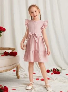 SHEIN Girls Butterfly Sleeve Belted Ruffle Hem Dress - Baby Pink - View 4