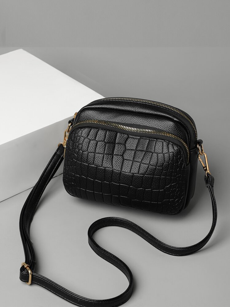 1pc Stone Texture Plain Color PU Decorated Shoulder Crossbody Bag, Suitable For Daily Use Multilayer Crossbody Bag For Women - Black - View 1