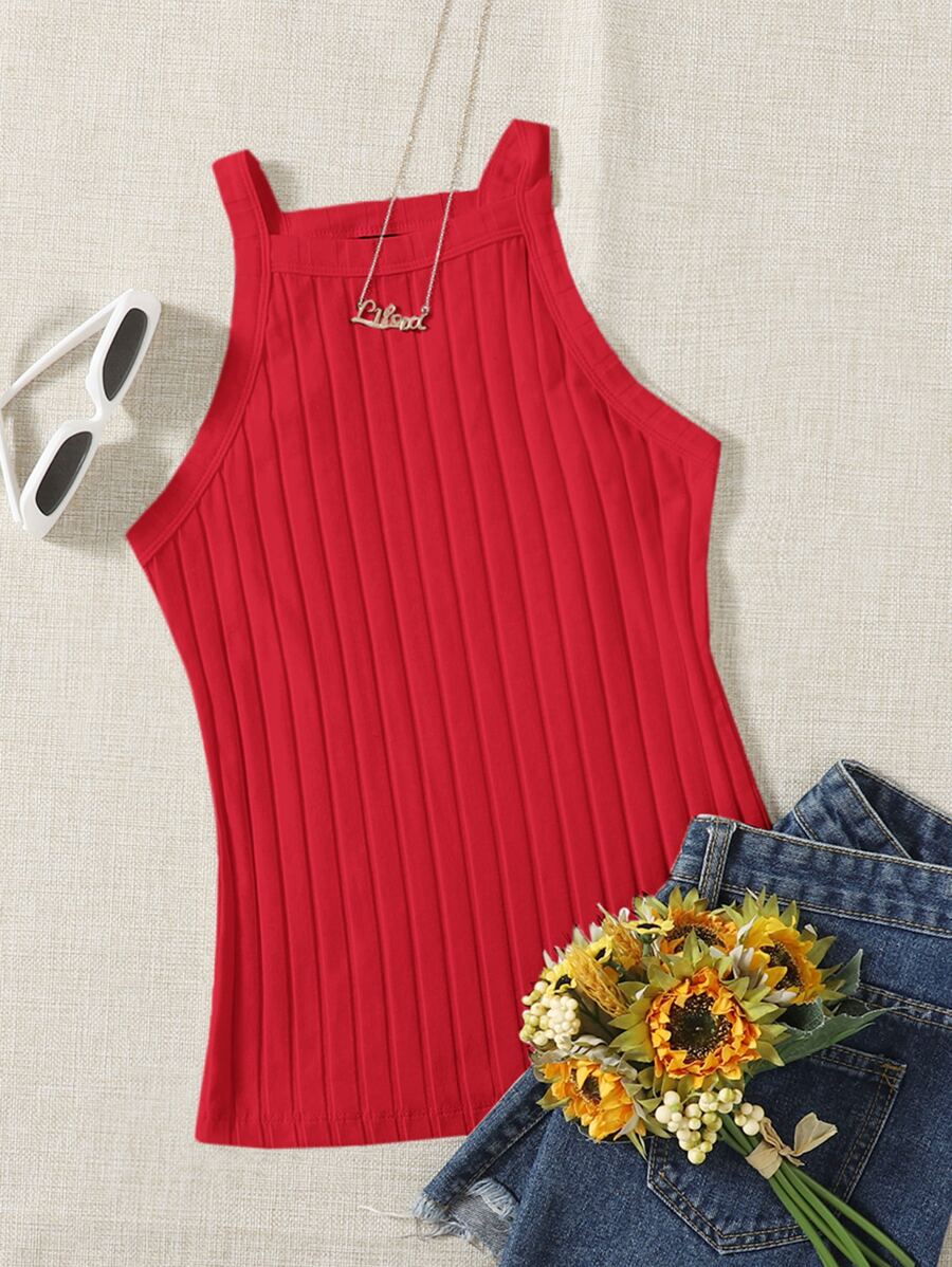 SHEIN EZwear Solid Rib-knit Halter Top