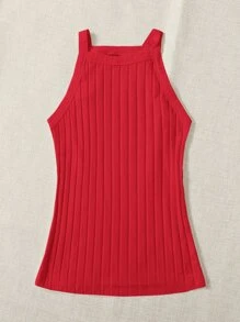 SHEIN EZwear Solid Rib-knit Halter Top
