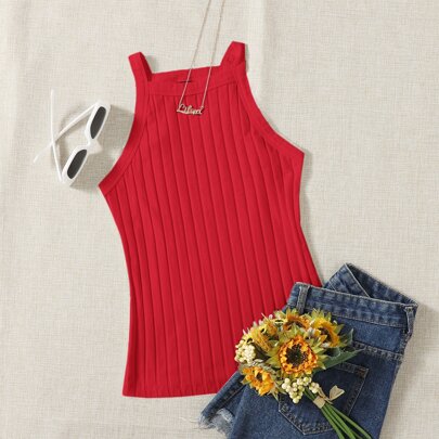 Solid Rib-Knit Halt…