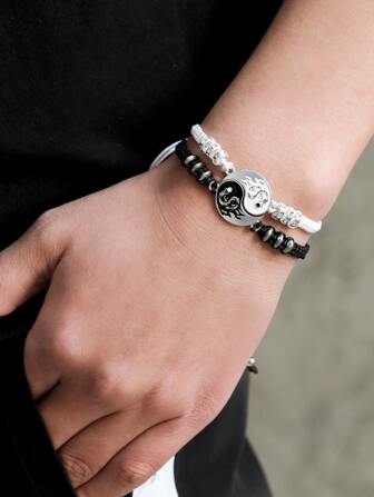 時尚流行2入組男士陰陽裝飾手鍊，適合度假和時尚外觀