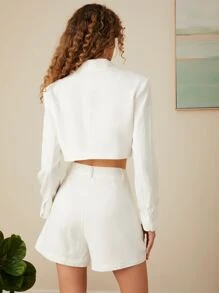 Solid Crop Blazer & Shorts Set - White - View 2