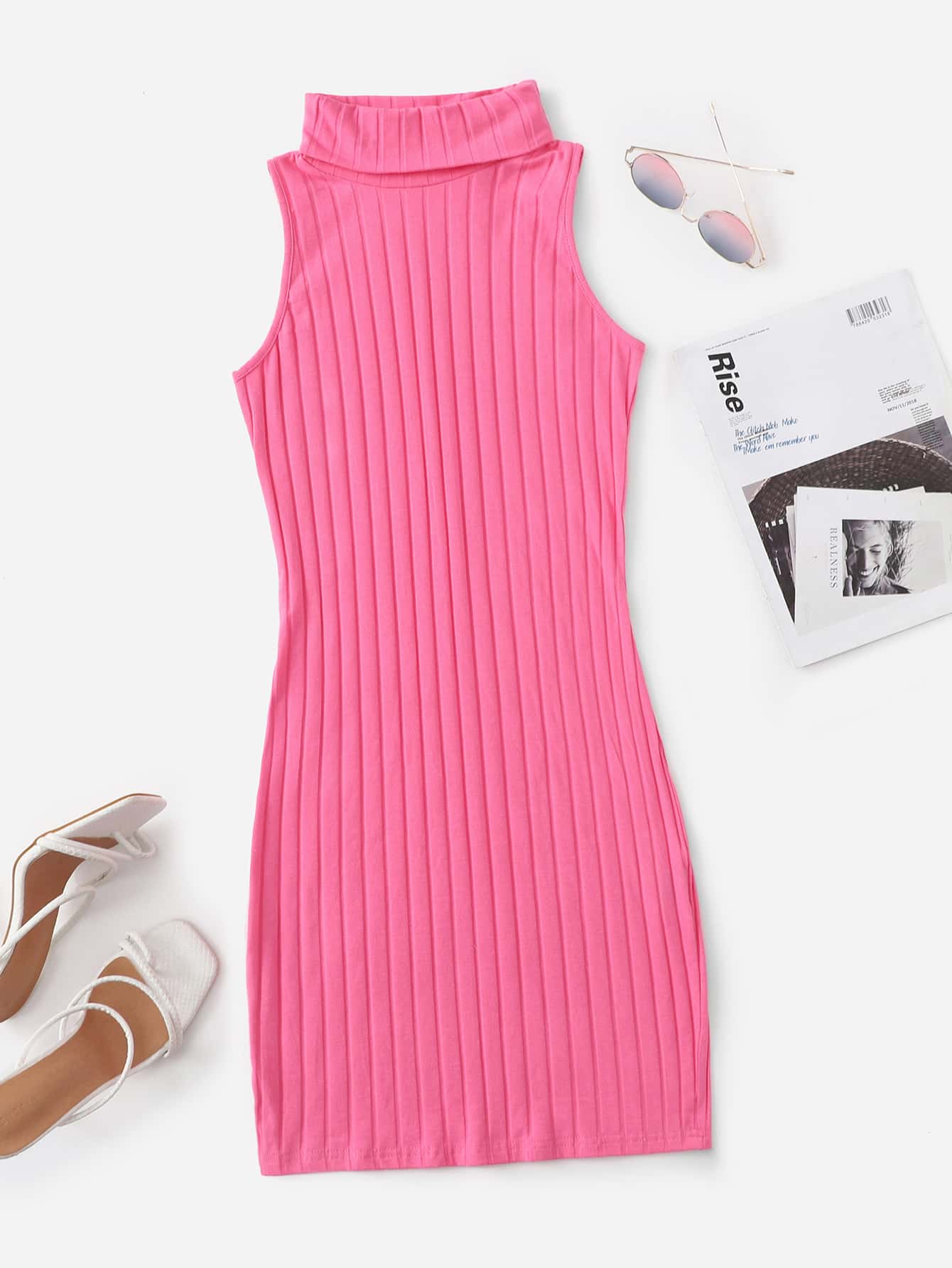 SHEIN Privé Đầm Gân đan màu trơn Giải trí - Hồng - Xem 1