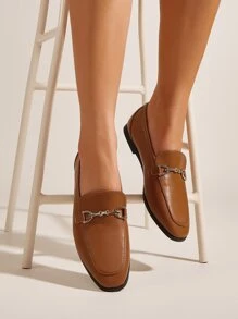 Metal Decor Flat Loafers - Brown - View 1