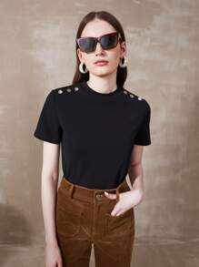 MOTF PREMIUM Áo thun nữ Nút màu trơn Giải trí - màu đen - Xem 1