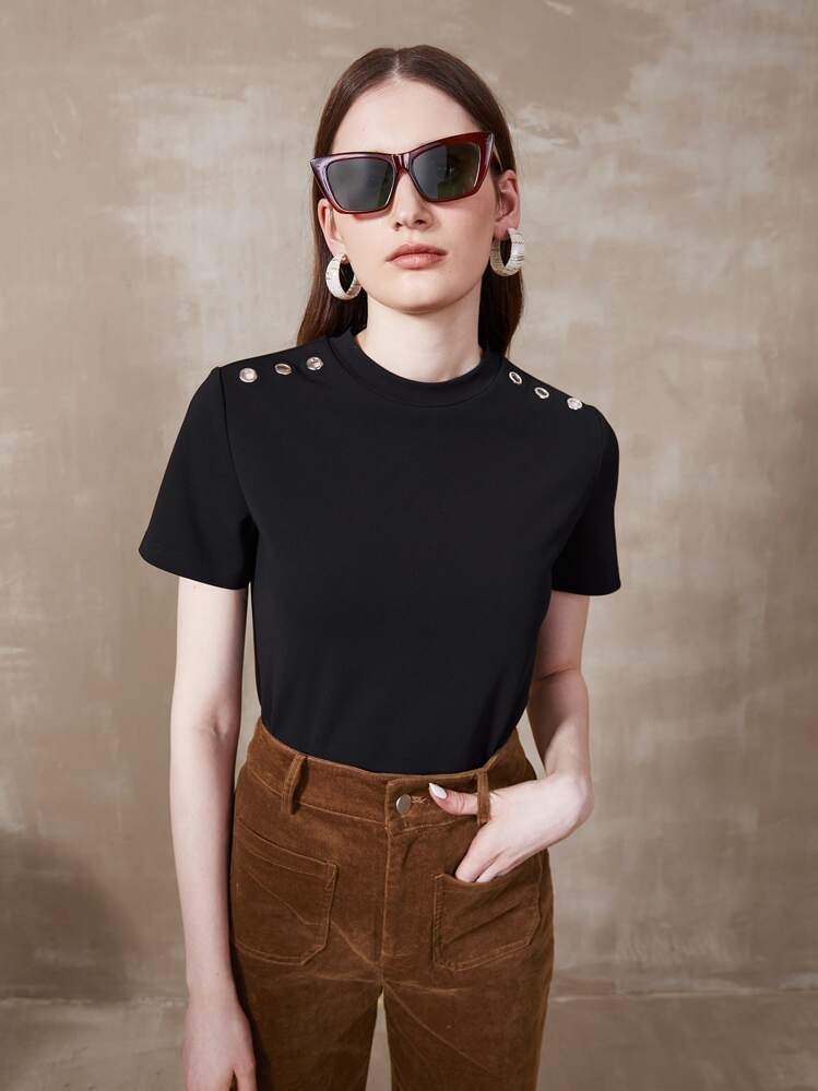 MOTF PREMIUM Áo thun nữ Nút màu trơn Giải trí - màu đen - Xem 1