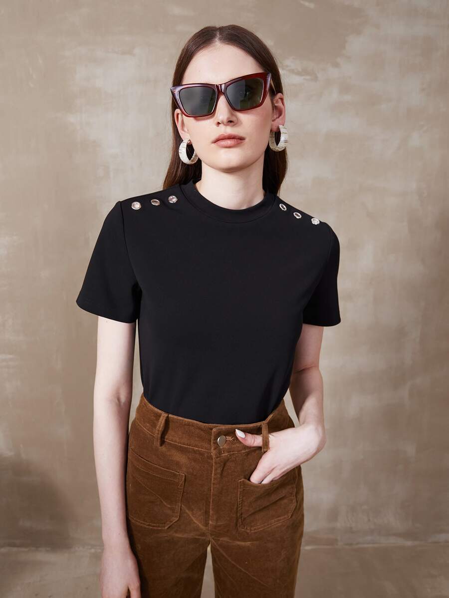 MOTF PREMIUM Áo thun nữ Nút màu trơn Giải trí - màu đen - Xem 1