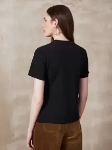 MOTF PREMIUM Áo thun nữ Nút màu trơn Giải trí - màu đen - Xem 2