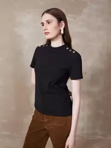 MOTF PREMIUM Áo thun nữ Nút màu trơn Giải trí - màu đen - Xem 3