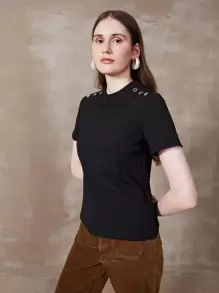 MOTF PREMIUM Áo thun nữ Nút màu trơn Giải trí - màu đen - Xem 4