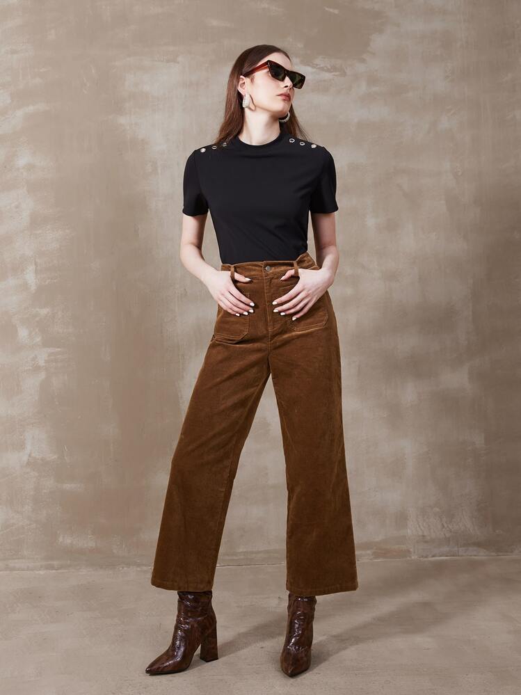 MOTF PREMIUM Áo thun nữ Nút màu trơn Giải trí - màu đen - Xem 6