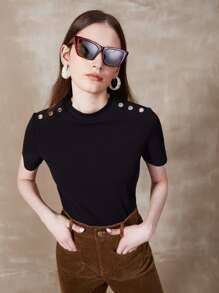 MOTF PREMIUM Áo thun nữ Nút màu trơn Giải trí - màu đen - Xem 7