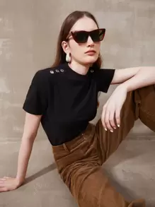 MOTF PREMIUM Áo thun nữ Nút màu trơn Giải trí - màu đen - Xem 8