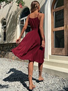 Pleated Hem Belted Cami Dress - Burgundy - View 2