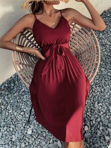 Pleated Hem Belted Cami Dress - Burgundy - View 4