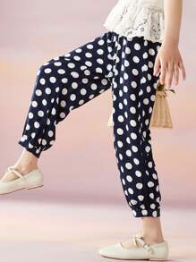 Girls Polka Dot Trousers - Blue and White - View 1