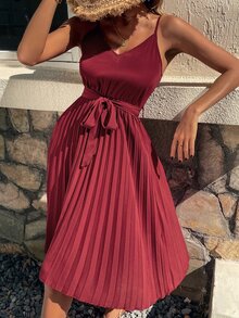 Pleated Hem Belted Cami Dress - Burgundy - View 5