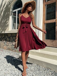 Pleated Hem Belted Cami Dress - Burgundy - View 7