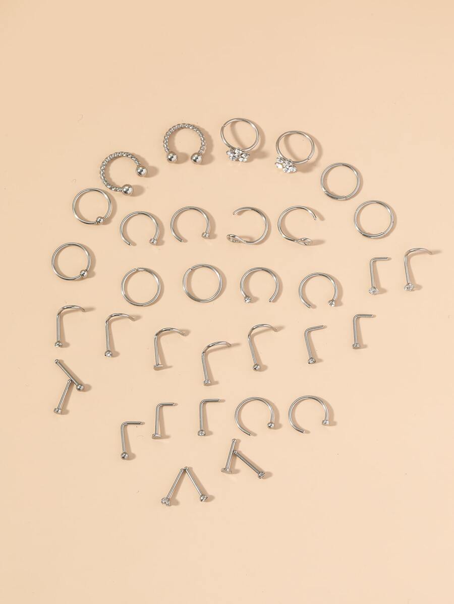 36 cái/bộ Thép không gỉ, Vòng mũi có chi tiết rhinestone cho phụ nữ và nam giới, xỏ khuyên kiểu Punk, Món quà trang sức cơ thể thời trang cho bất kỳ dịp nào, Trang sức bằng thép không gỉ - Bạc - Xem 1