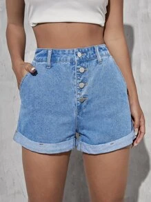 Quần short denim nữ Nút Túi màu trơn - Rửa nhẹ - Xem 3