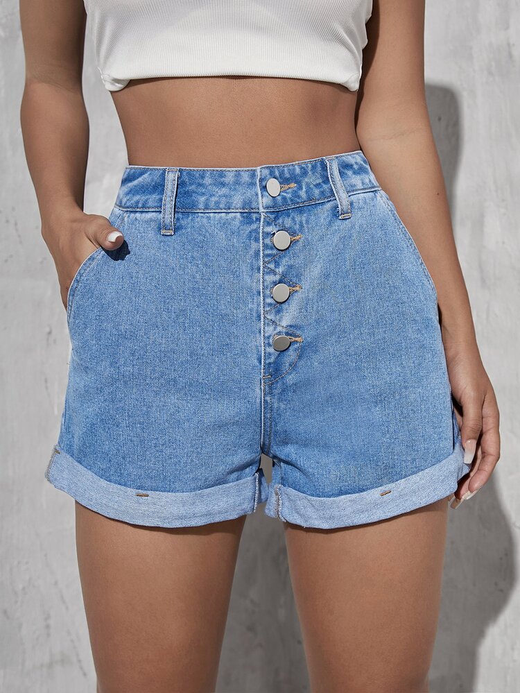 紐扣細節卷邊牛仔短褲 - 淺色水洗藍 - 查看 3