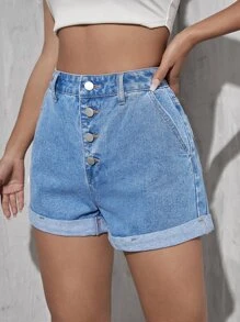 Quần short denim nữ Nút Túi màu trơn - Rửa nhẹ - Xem 1