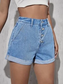 Quần short denim nữ Nút Túi màu trơn - Rửa nhẹ - Xem 4