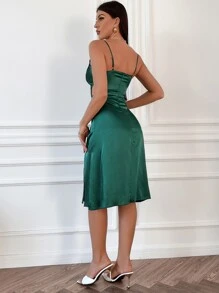 SHEIN Unity Cut Out Split Hem Satin Dress - Dark Green - View 2