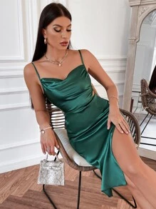 SHEIN Unity Cut Out Split Hem Satin Dress - Dark Green - View 3