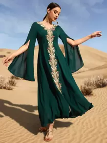 Al Najma 1pc Plant Embroidered Applique Slit Sleeve Dress - Dark Green - View 1