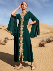Al Najma 1pc Plant Embroidered Applique Slit Sleeve Dress - Dark Green - View 6