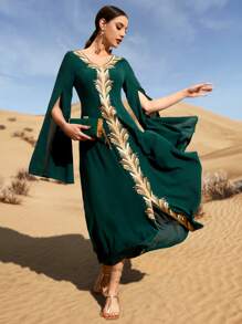 Al Najma 1pc Plant Embroidered Applique Slit Sleeve Dress - Dark Green - View 4