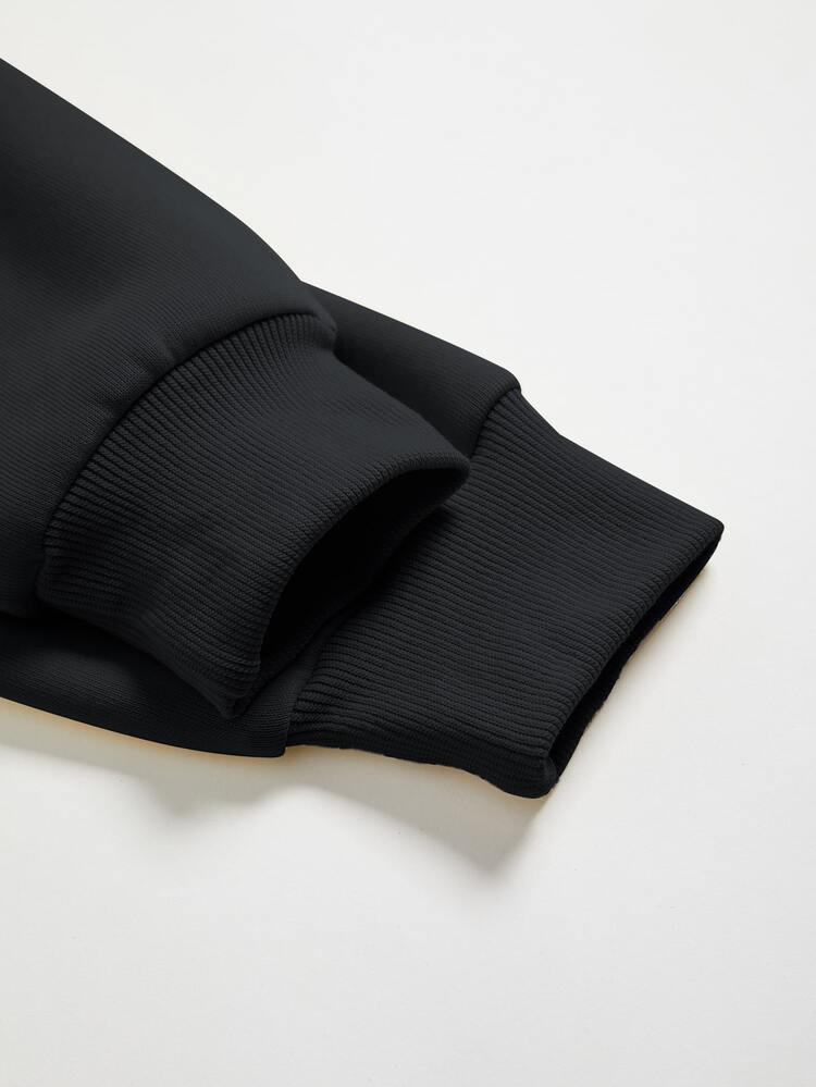 SHEIN EZwear Heart & Spiderweb Print Kangaroo Pocket Drawstring Thermal Hoodie - Black - View 4